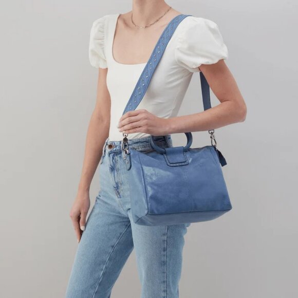 6HBAG2397A.jpg HOBO Sheila Buffed Leather Medium Satchel Azure Studded Strap + Dust Bag